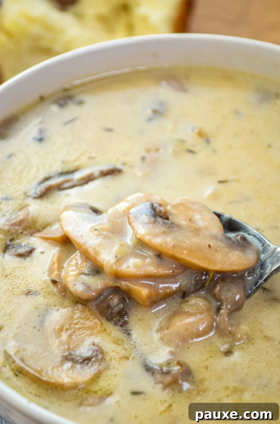 Instant Pot Creamy Mushroom Comfort 9 A bowl of cream of mushroom soup with a spoon removing a portion from the bowl.