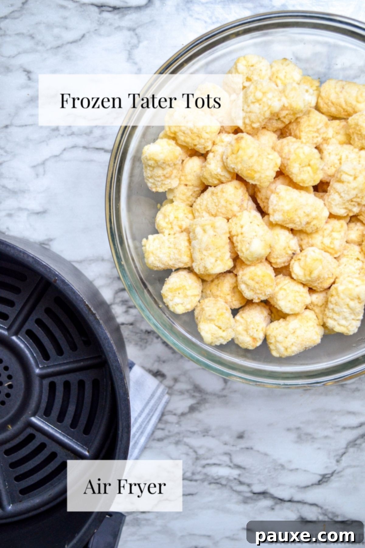 Crispy Air-Fried Tater Tots 4 The simple ingredients needed to make air fryer tater tots: a bag of frozen tater tots, next to an air fryer.