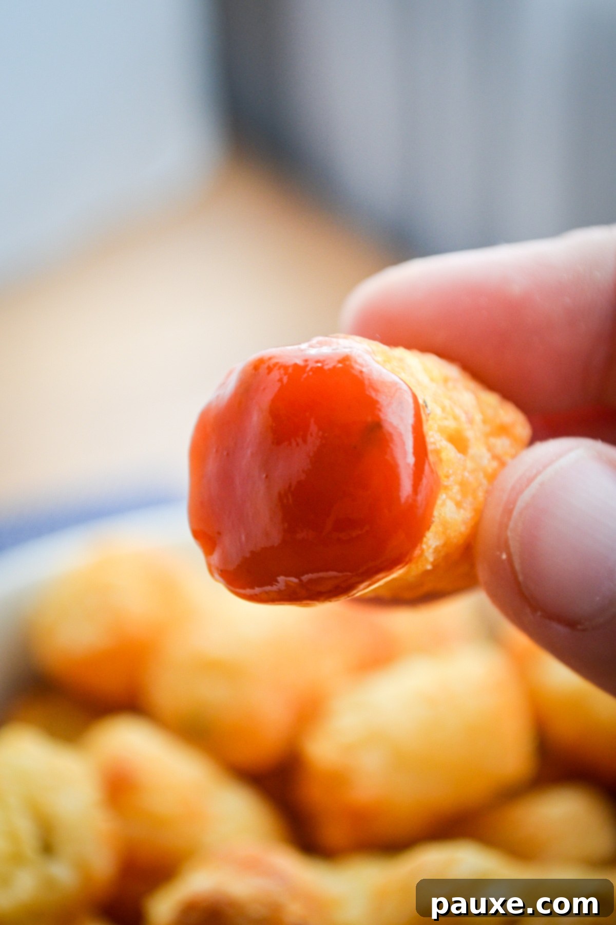 Crispy Air-Fried Tater Tots 6 A crispy tater tot being dipped into a dollop of red ketchup.