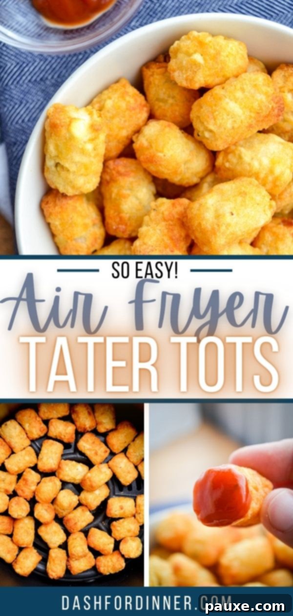 Crispy Air-Fried Tater Tots 9 Three visual frames depicting the journey of air fryer tater tots: a bowl of crispy cooked tots, tater tots cooking in an air fryer basket, and a close-up of a tot being dipped in ketchup.