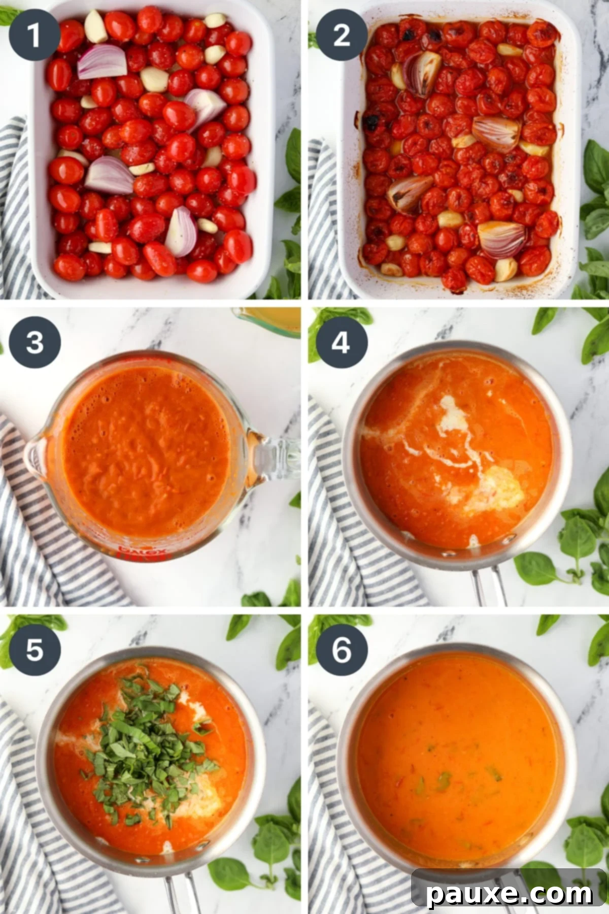 Sweet & Smoky Tomato Bisque 4 A visual step-by-step process showing cherry tomatoes roasting, then being blended into a smooth puree, and finally finished with broth, heavy cream, and fresh basil.
