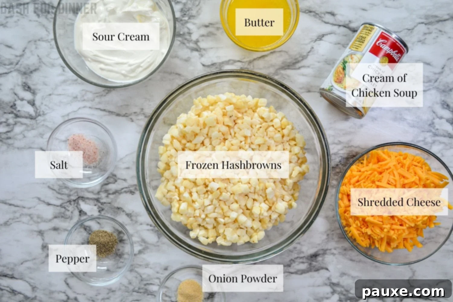 Slow Cooker Golden Cheesy Hash Brown Bake 3 The ingredients needed to make slow cooker cheesy hashbrown casserole.