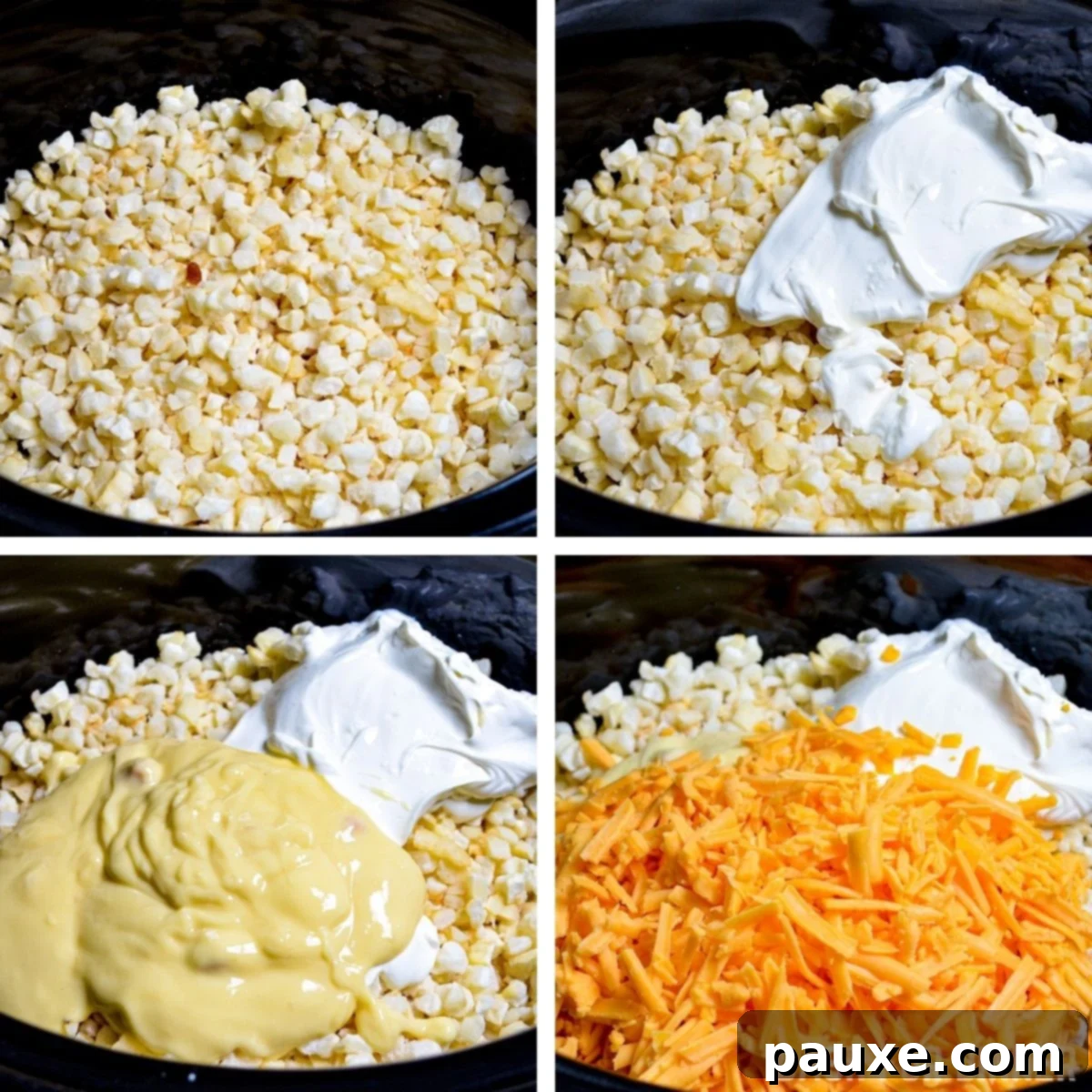 Slow Cooker Golden Cheesy Hash Brown Bake 5 Adding sour cream, condensed soup, and cheese to a slow cooker full of cubed hashbrowns.