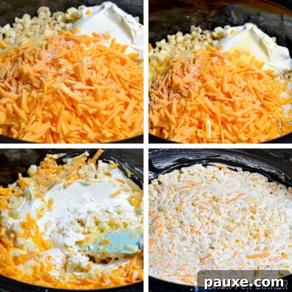 Slow Cooker Golden Cheesy Hash Brown Bake 6 Stirring cheese and sour cream into a crock pot full of funeral potatoes.