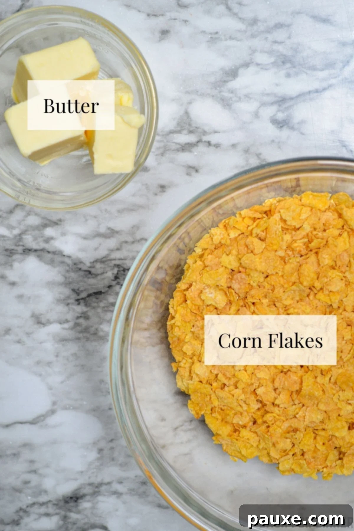 Slow Cooker Golden Cheesy Hash Brown Bake 7 The ingredients needed to make a crunchy casserole topping: corn flakes and butter.
