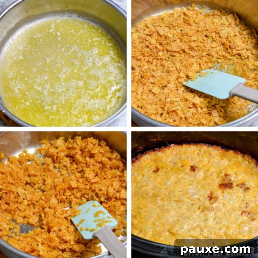 Slow Cooker Golden Cheesy Hash Brown Bake 8 How to toast cornflakes in butter to make a crunchy casserole topping.