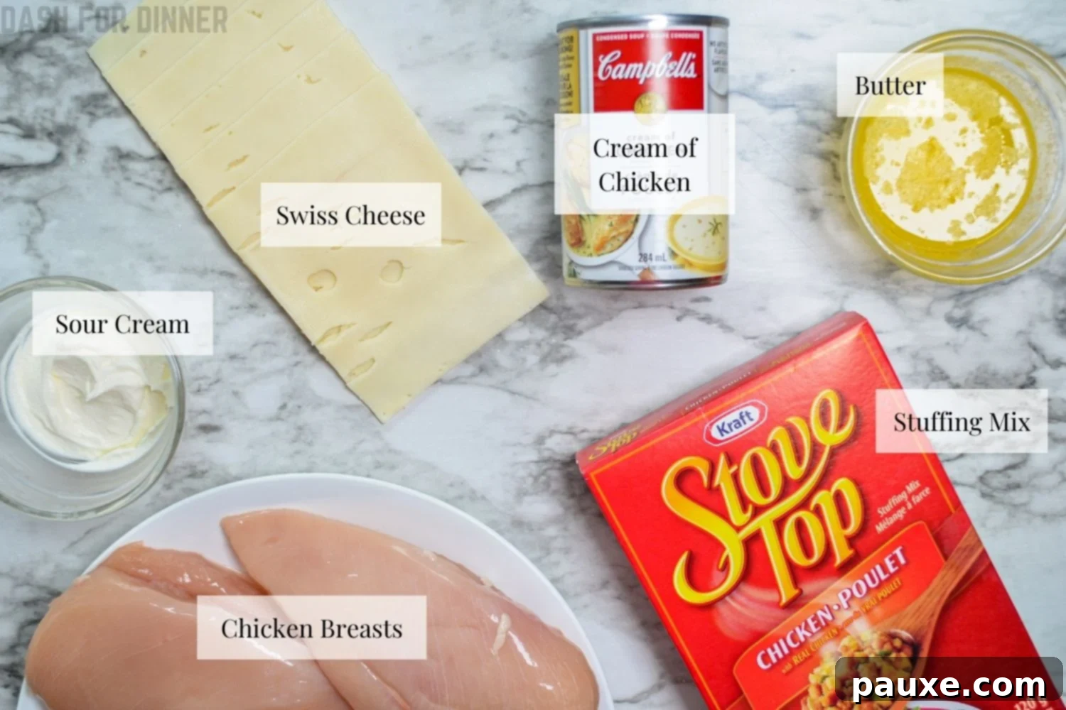 Creamy Swiss Chicken Slow Cooker Comfort 4 The simple ingredients needed to make Swiss Chicken Casserole in the slow cooker, laid out on a counter.