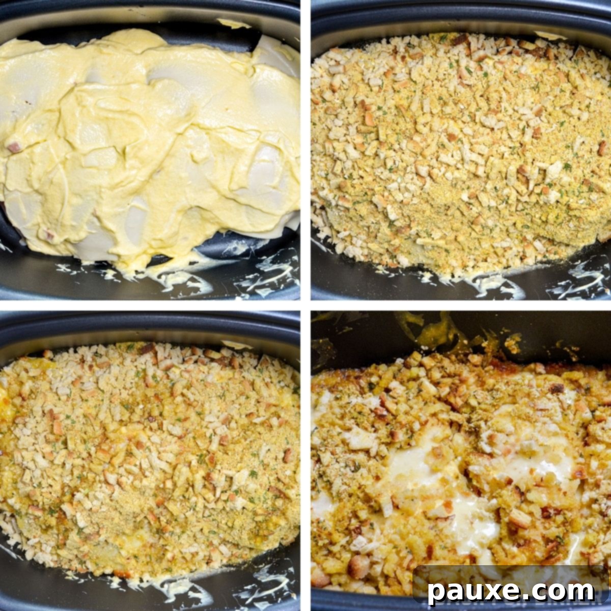 Creamy Swiss Chicken Slow Cooker Comfort 6 Pouring the creamy soup mixture over the chicken and swiss cheese in the slow cooker.