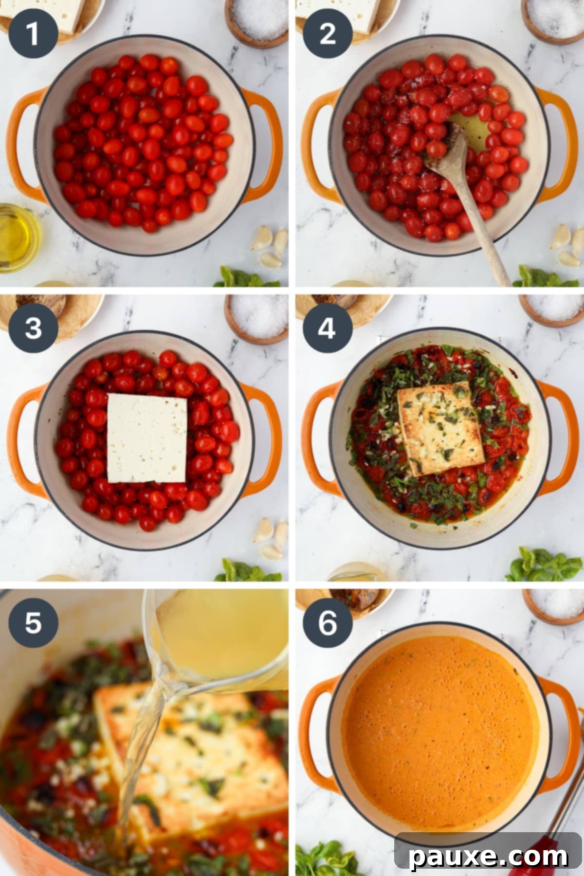 Roasted Feta Tomato Soup 4 The process of making baked feta soup, from roasting cherry tomatoes and feta in a Dutch oven to blending them into a smooth, creamy soup with broth.