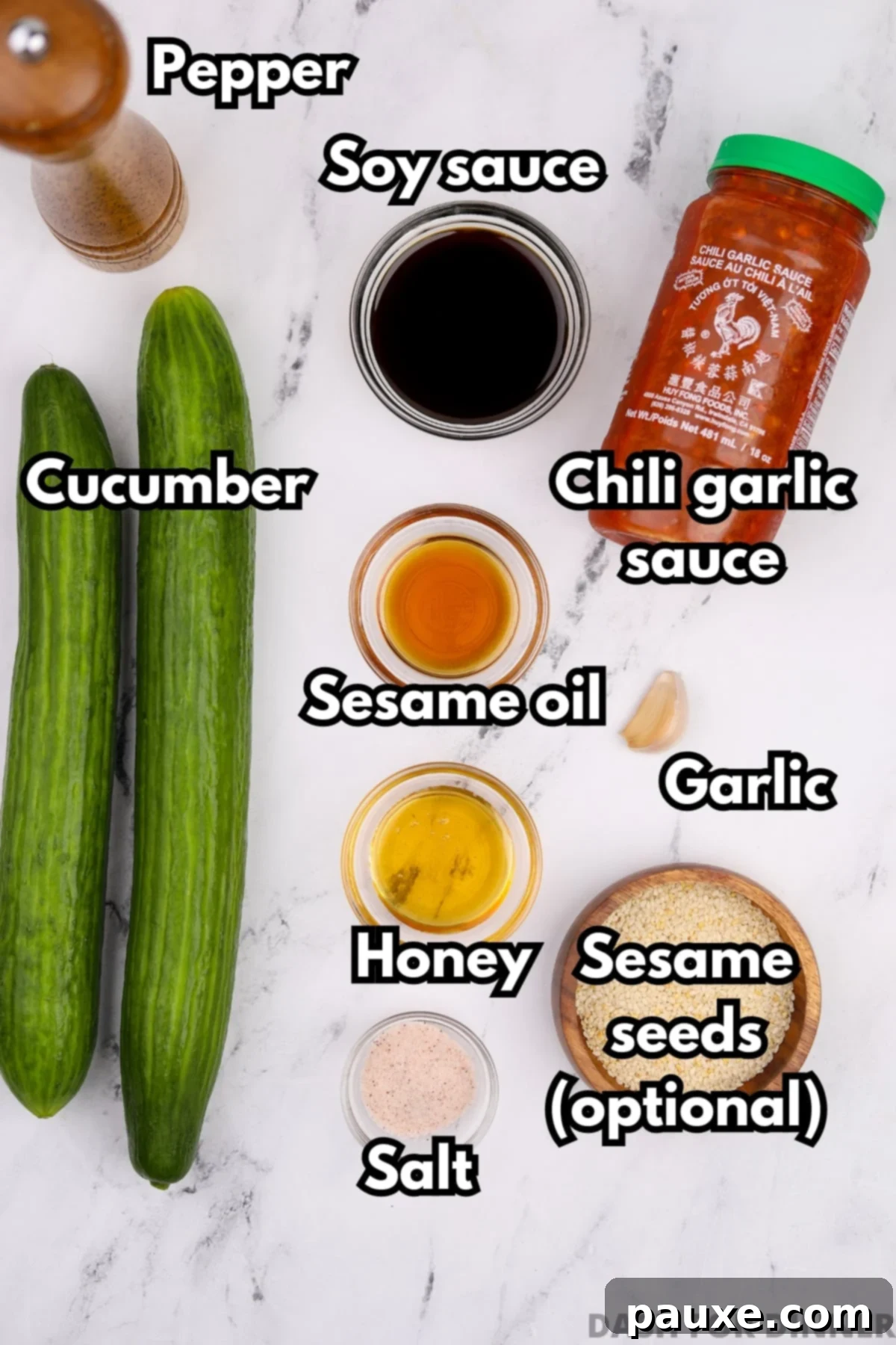 Chili Garlic Cucumber Crunch 3 The ingredients needed to make Asian cucumber salad: cucumbers, soy sauce, honey, chili garlic sauce, etc.