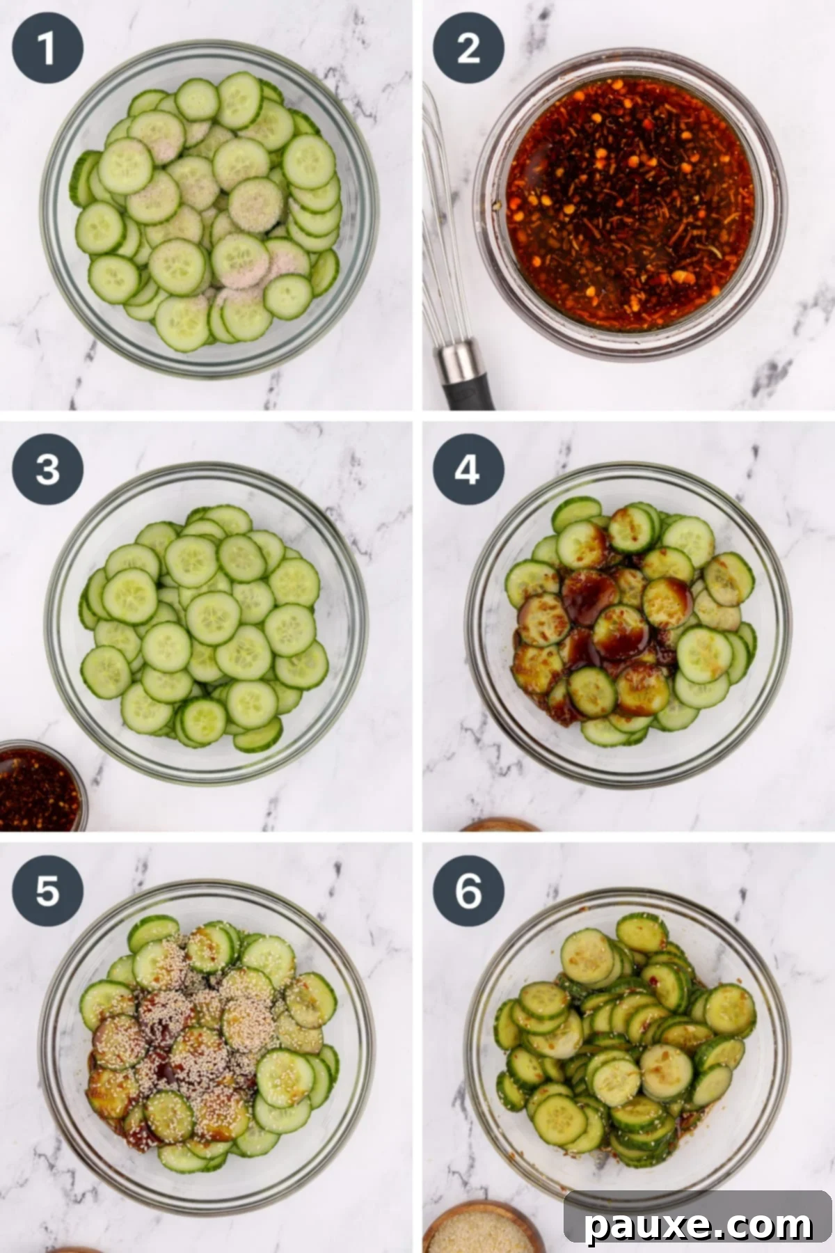 Chili Garlic Cucumber Crunch 4 Adding a spicy dressing to a bowl of cucumber slices, then stirring and adding sesame seeds to make a salad.