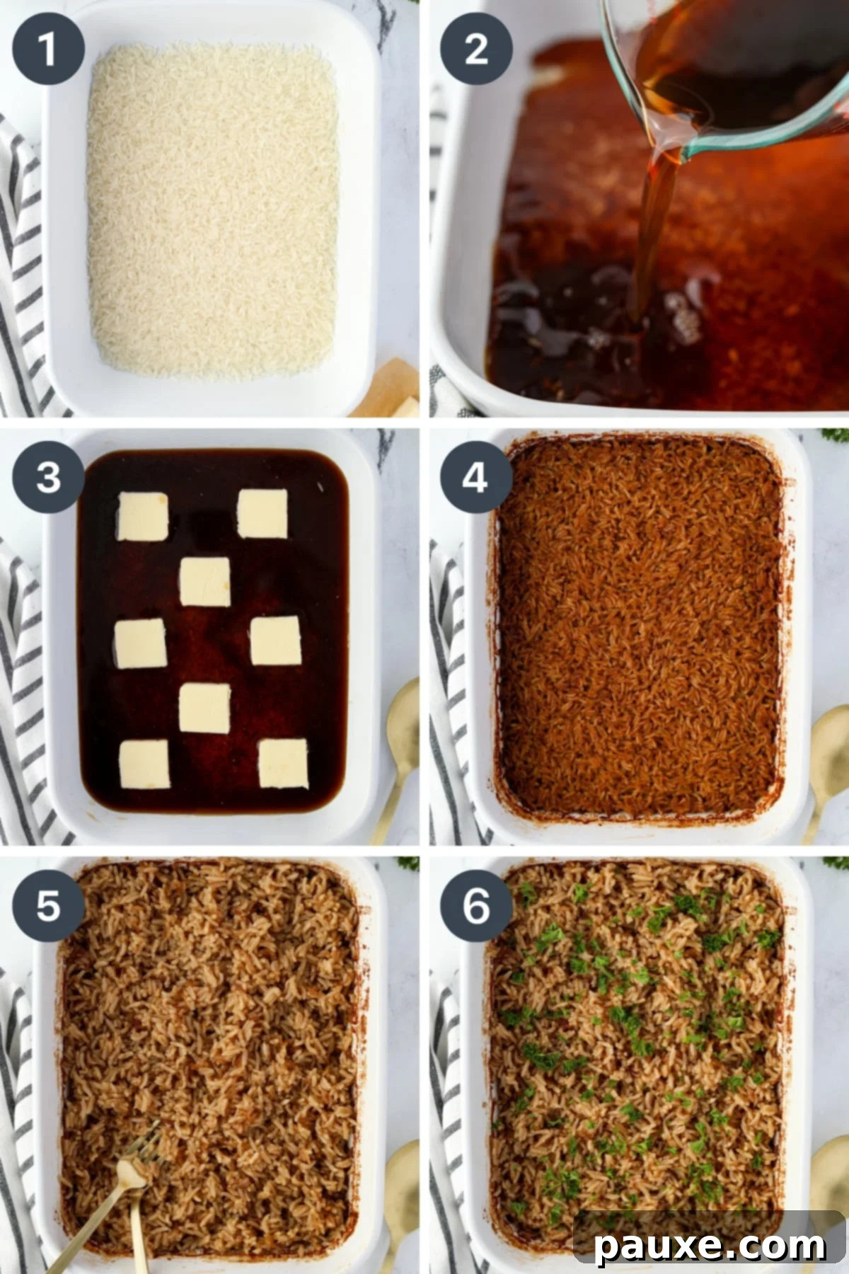 Rich Beef Consommé Rice 4 A visual guide showing the steps: adding uncooked rice, beef consommé, and pats of butter to a glass baking dish, followed by an image of the dish baking in the oven until the rice is fluffy and golden.