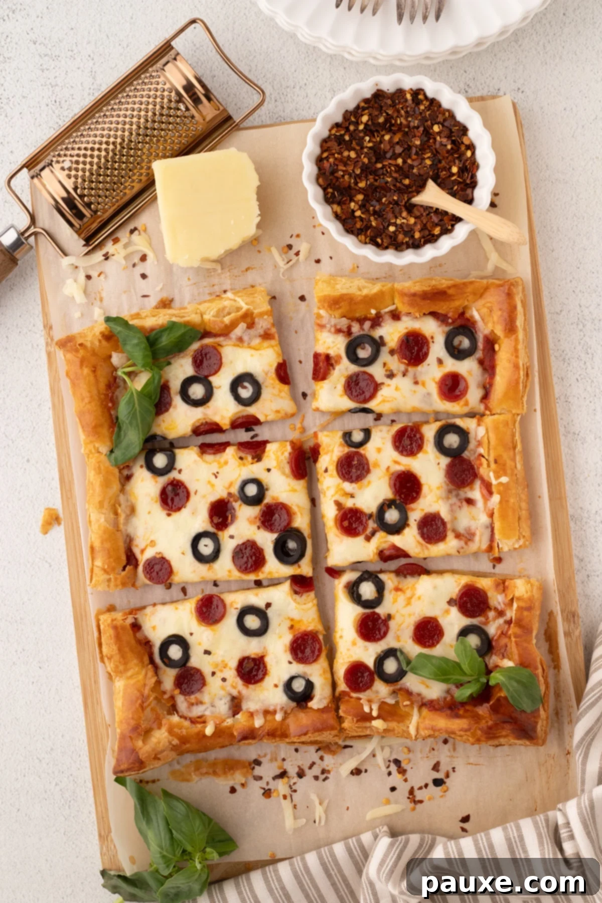 Crispy Puff Pizza 2 Rectangular slices of pizza on a cutting board, showcasing crispy edges and melted cheese.