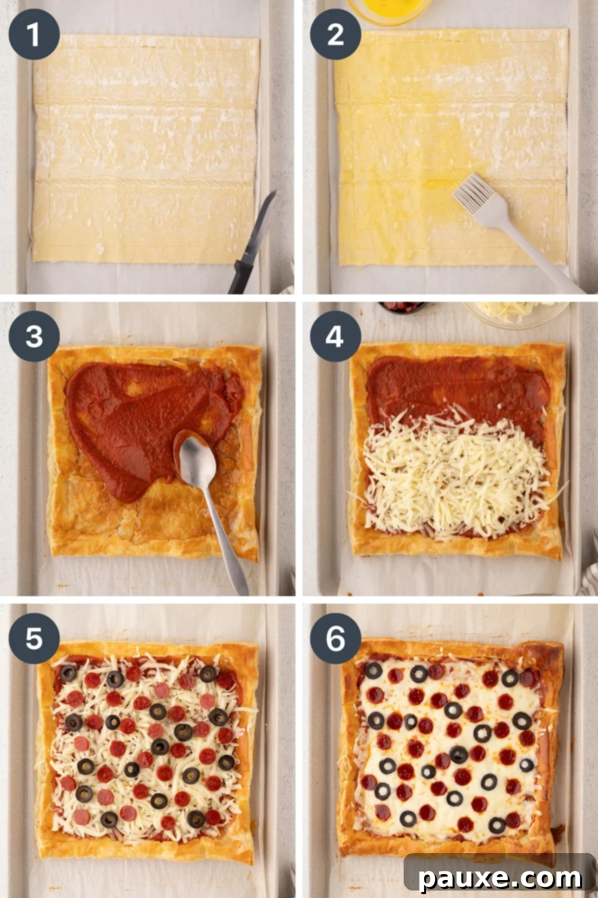 Crispy Puff Pizza 4 Preparing a puff pastry sheet by brushing it with egg wash, then topping with pizza sauce, cheese, and various toppings.
