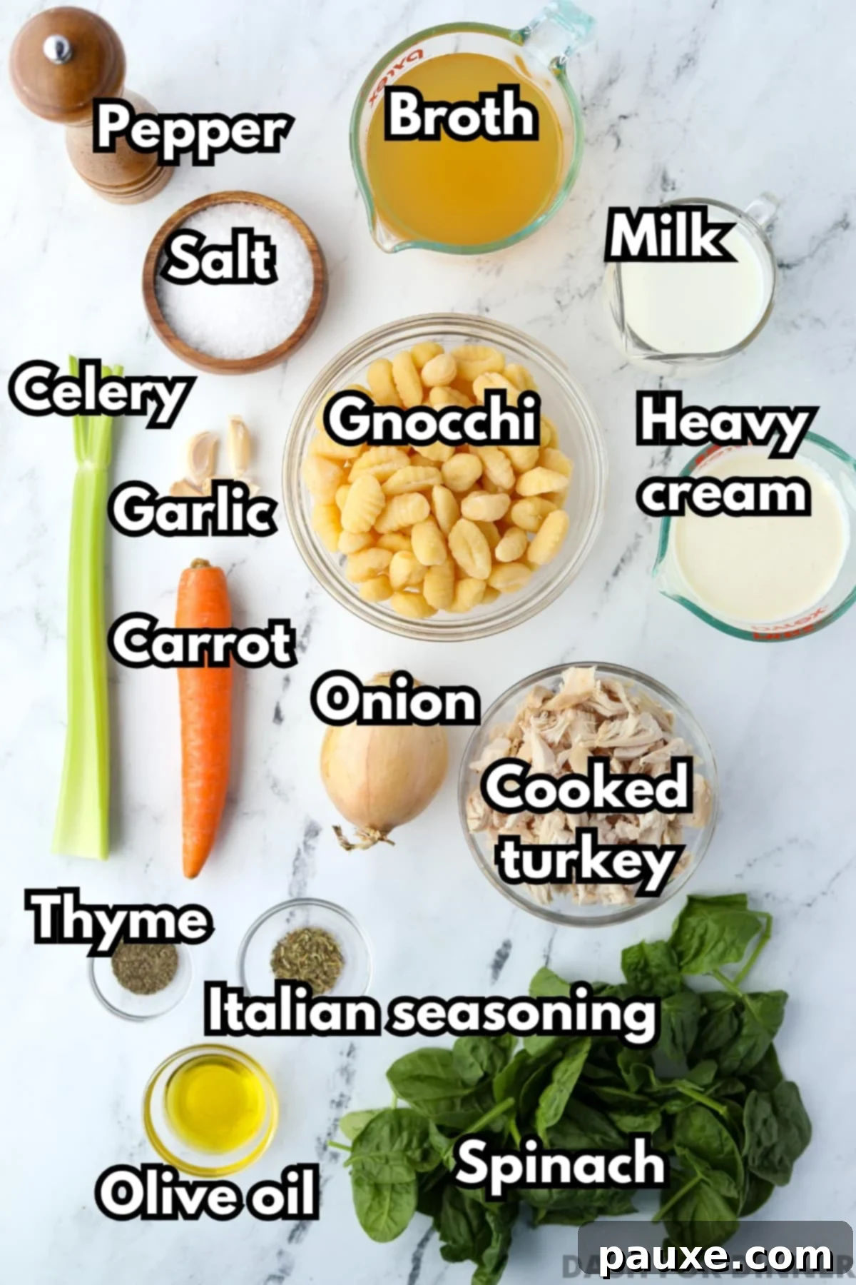 The array of fresh ingredients laid out for making turkey soup with gnocchi, including cooked turkey, aromatic vegetables, flavorful broth, and rich cream.