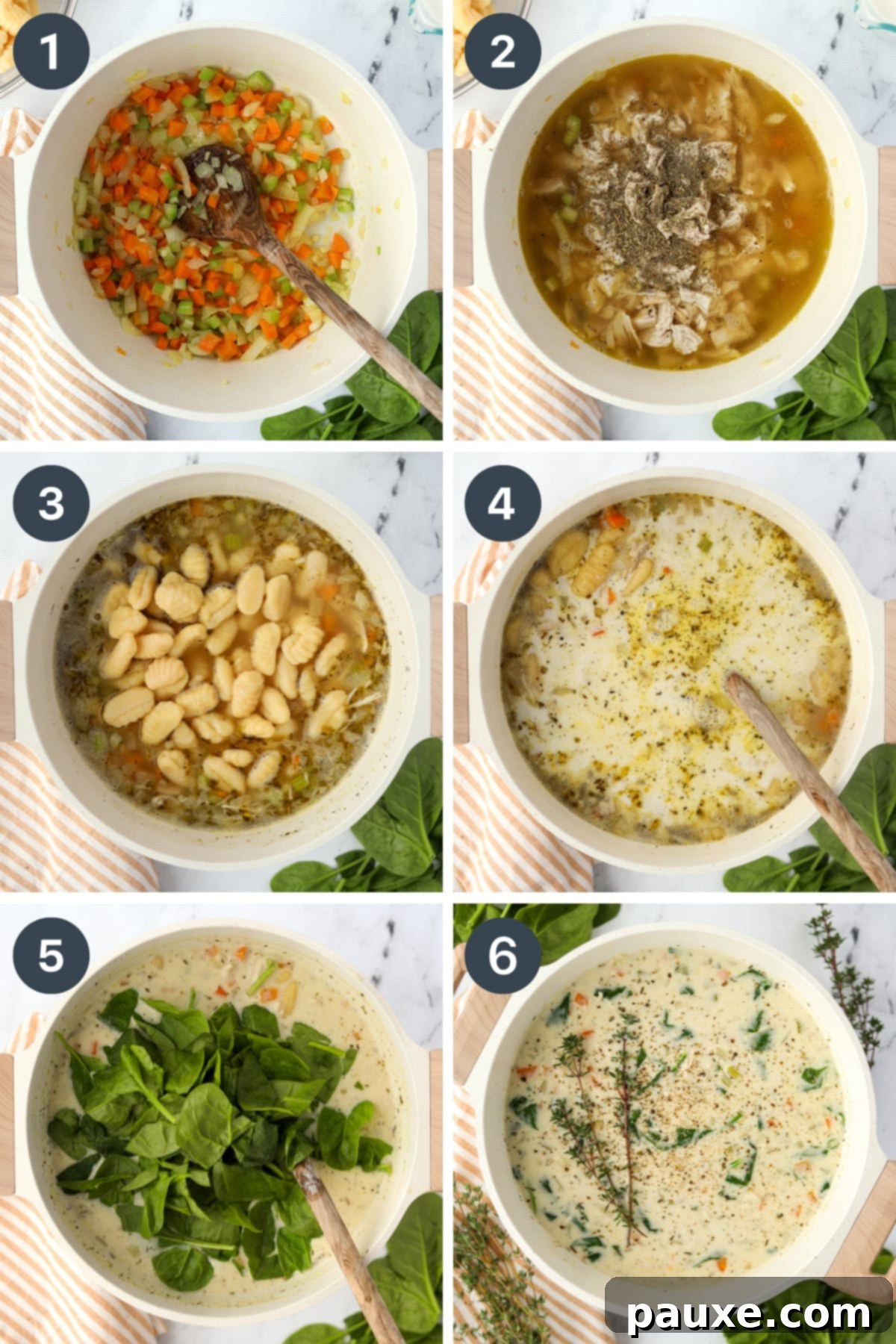 A visual progression of making the soup, from softening vegetables to adding broth, cream, and fresh spinach.