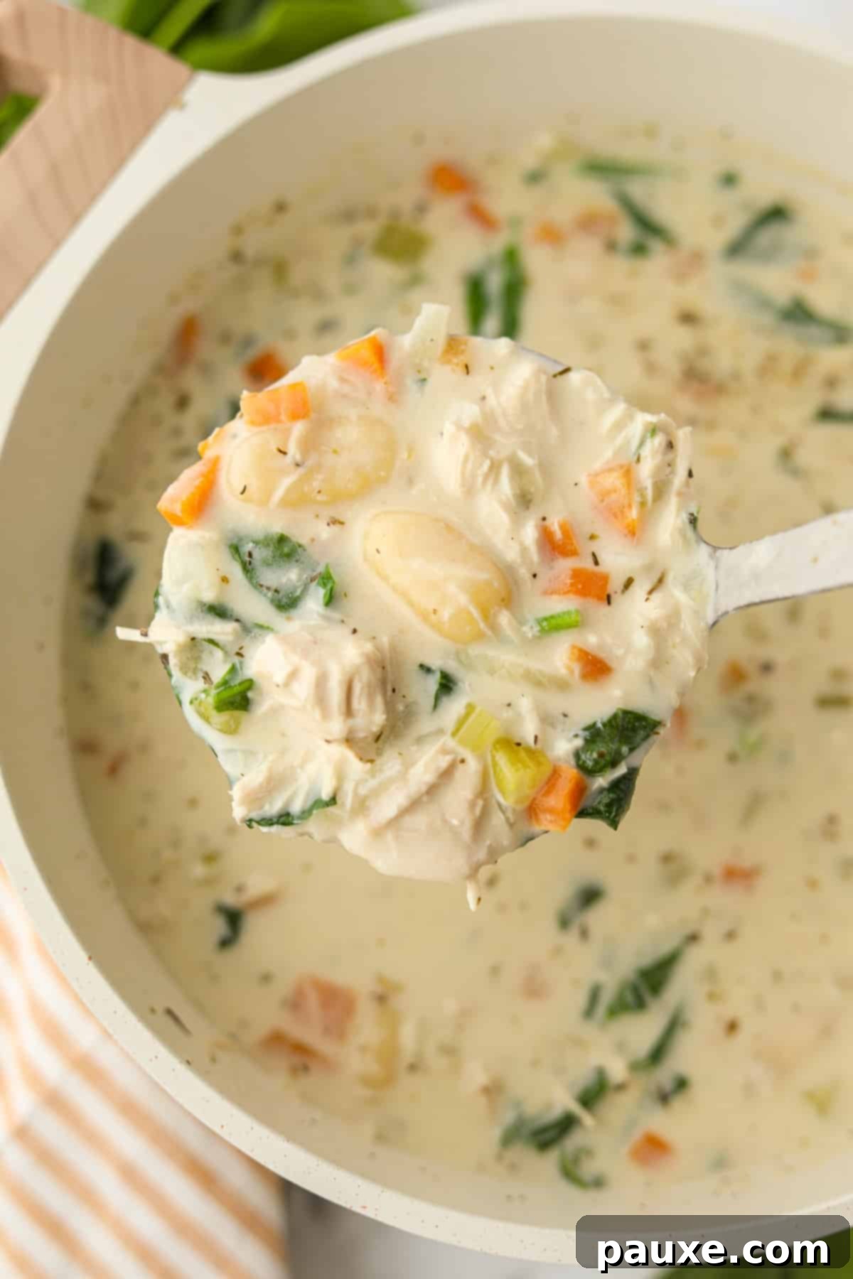 A ladle gracefully holds a scoop of creamy turkey and gnocchi soup, highlighting the delightful texture.