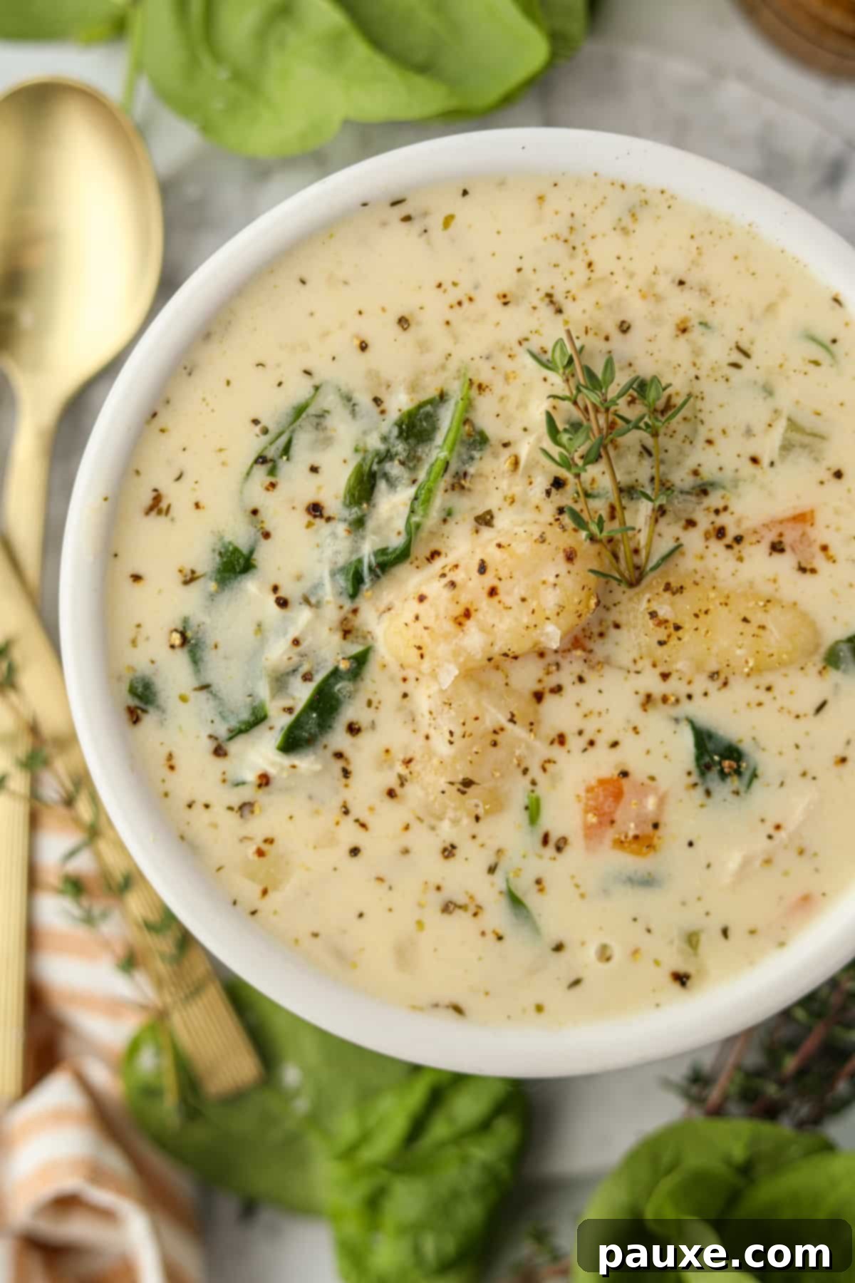 A beautiful bowl of creamy turkey gnocchi soup, lovingly garnished with a sprig of fresh thyme, ready to be enjoyed.