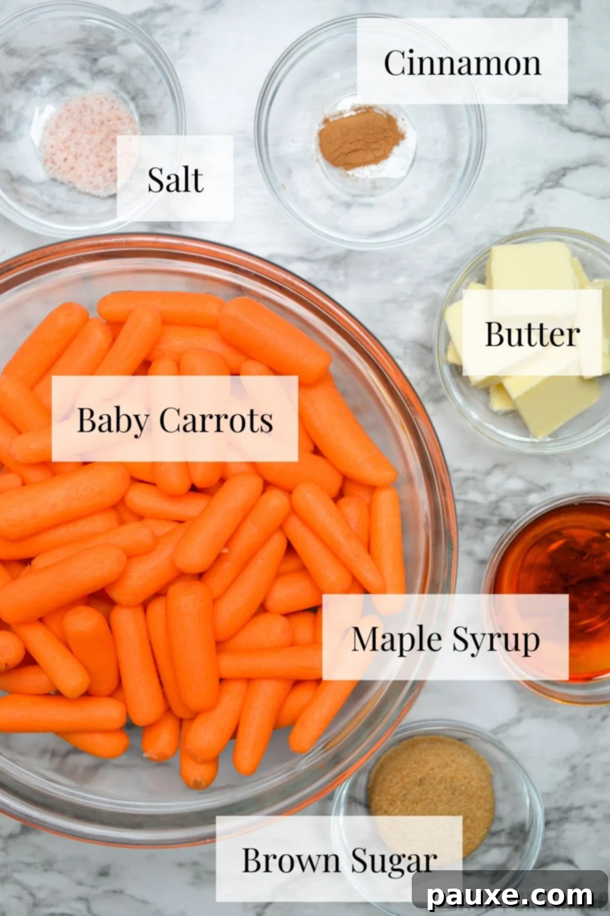 Caramelized Maple Brown Sugar Slow Cooker Carrots 4 A visual display of all the ingredients needed to prepare slow cooker maple and brown sugar glazed carrots, neatly arranged.