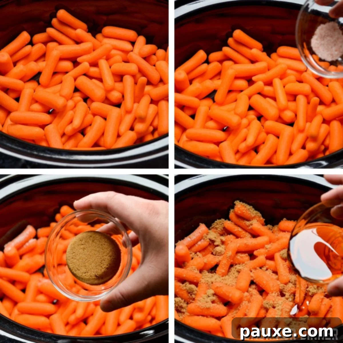 Caramelized Maple Brown Sugar Slow Cooker Carrots 5 A step-by-step image demonstrating how to prepare slow cooker glazed carrots, showing the initial ingredients combined.