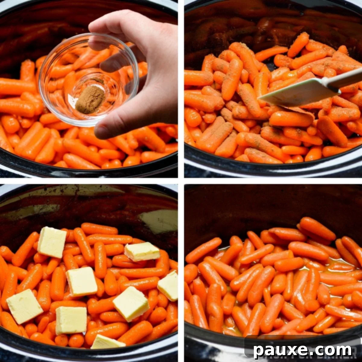 Caramelized Maple Brown Sugar Slow Cooker Carrots 6 Another step-by-step image illustrating the process of making slow cooker glazed carrots, showing the butter being added.
