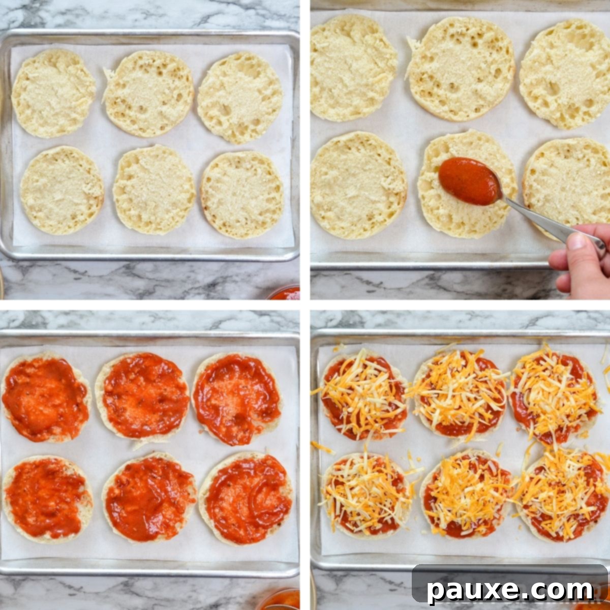 Quick Air Fryer Muffin Pizzas 5 Assembling Air Fryer English Muffin Pizzas: spreading sauce on a split English muffin.