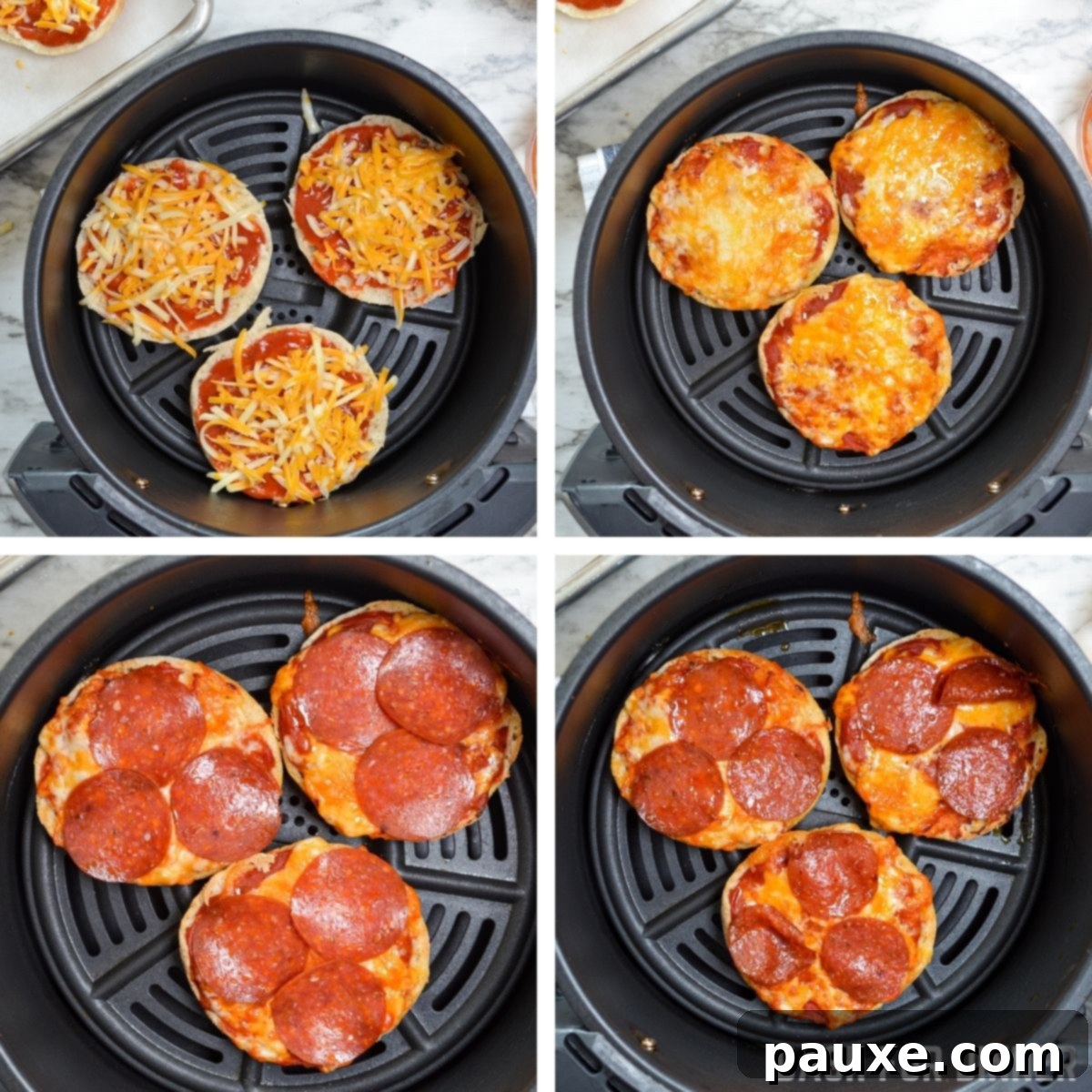 Quick Air Fryer Muffin Pizzas 6 Air Fryer English Muffin Pizzas topped with cheese, ready for the air fryer.