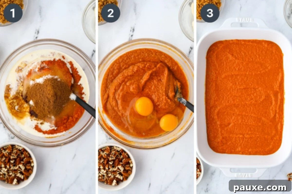 Golden Pumpkin Delight 4 Mixing creamy pumpkin puree with other liquid and dry ingredients in a large silver bowl, then gently smoothing the well-combined mixture into a rectangular glass baking dish.