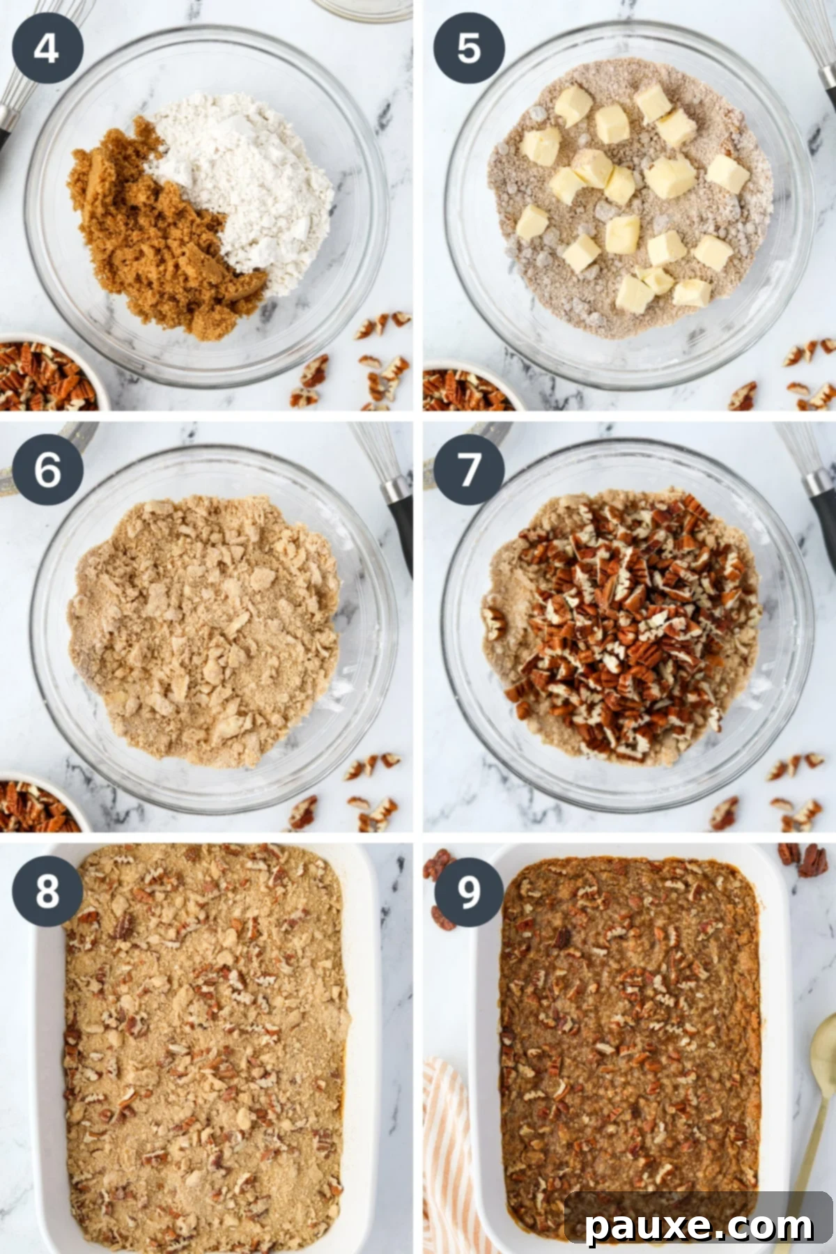 Golden Pumpkin Delight 5 The process of blending together flour, brown sugar, and cold butter until it resembles coarse crumbs, followed by sprinkling the delicious mixture evenly over the sweet pumpkin casserole base in a baking dish.