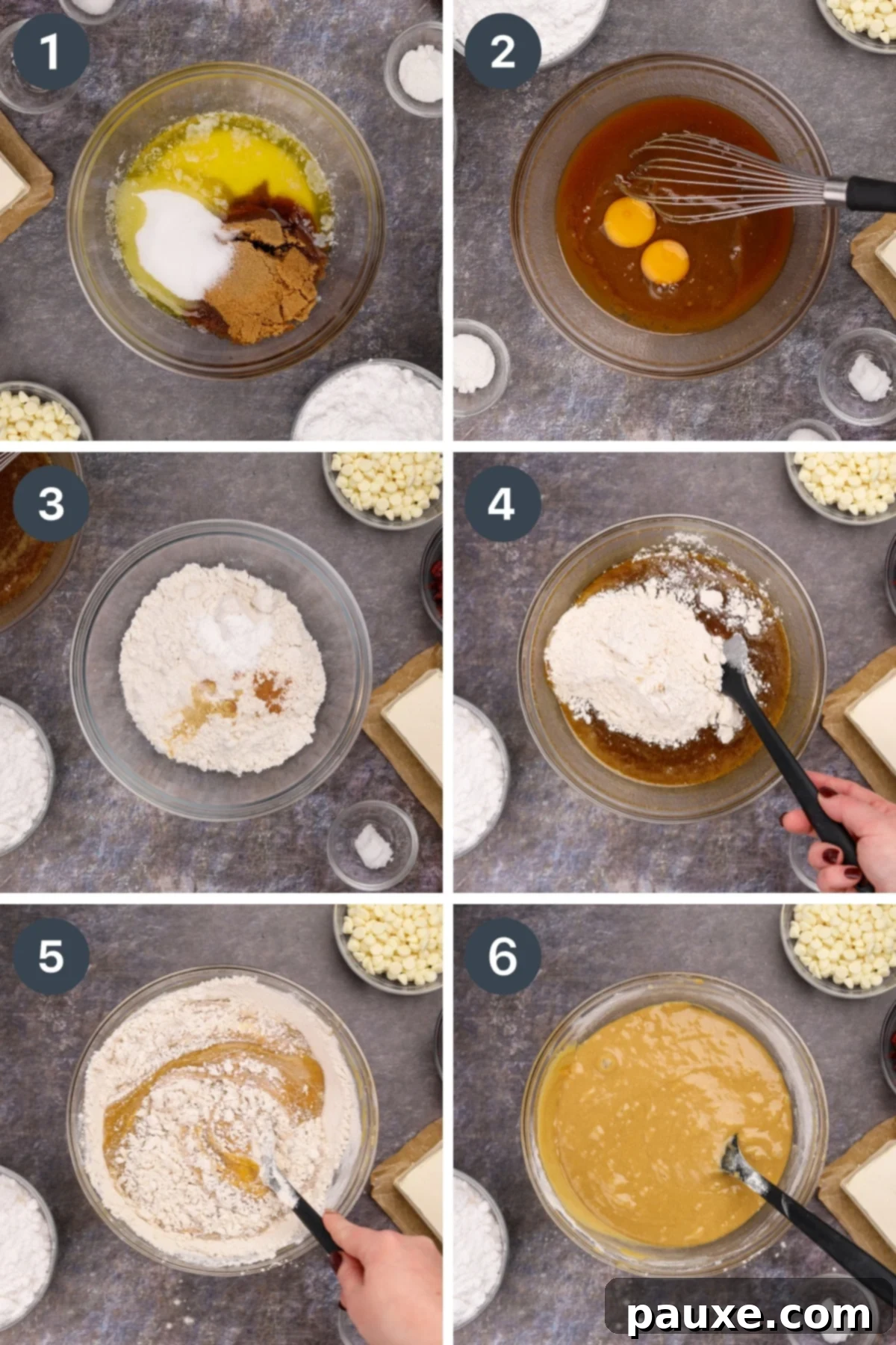 Ruby Red Cranberry Blondies 4 Mixing together melted butter, sugar, brown sugar, and dry ingredients to make a batter.