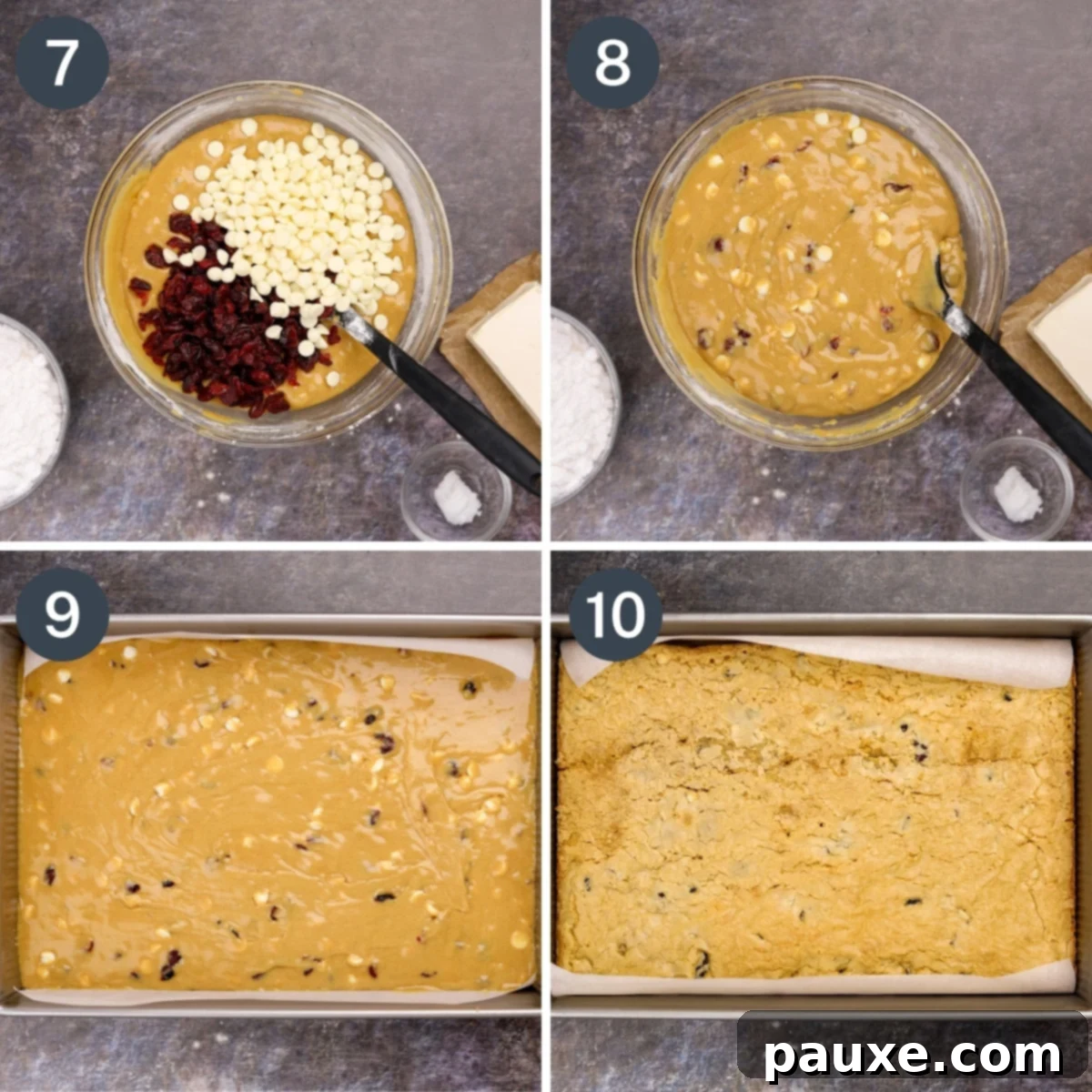 Ruby Red Cranberry Blondies 5 Adding dried cranberries and white chocolate to a batter, then spreading in a baking pan and baking until golden.