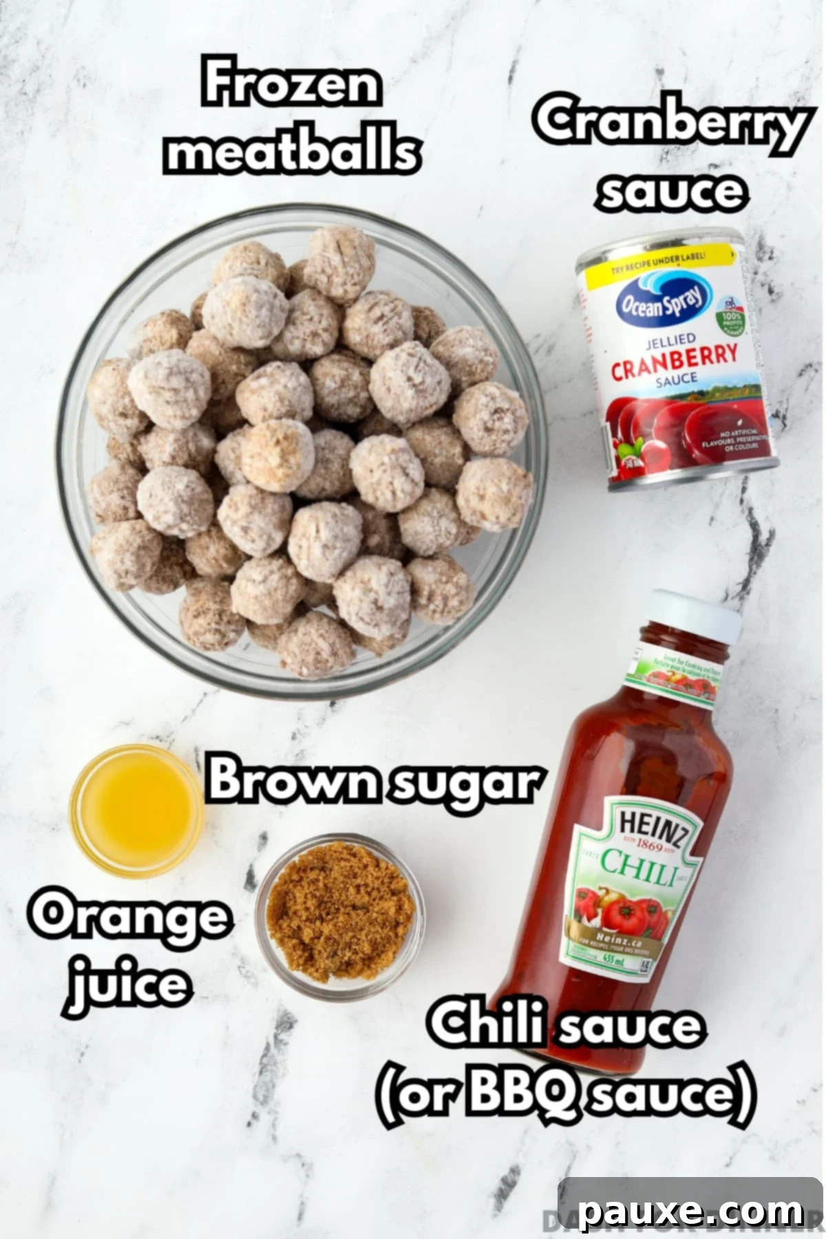 Slow Cooker Cranberry Glazed Meatballs 3 The ingredients needed to make cranberry meatballs: frozen meatballs, chili sauce, cranberries, orange juice, and brown sugar.