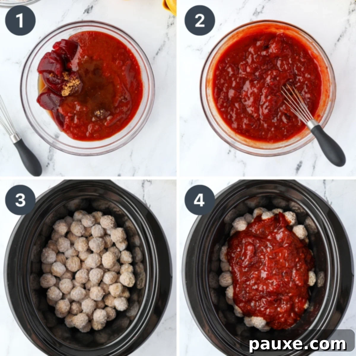 Slow Cooker Cranberry Glazed Meatballs 4 Whisking together cranberry sauce and chili sauce, then pouring it over a crock pot filled with meatballs.