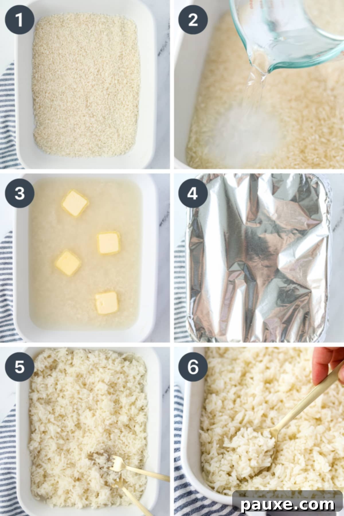 Golden Baked Rice 4 Preparing oven baked rice by adding raw rice, boiling water, butter, and salt to a baking dish before covering and baking.