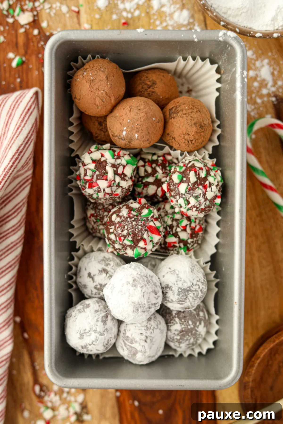 Refreshing Peppermint Truffles 2 Truffles with three different coatings in a bread loaf pan.