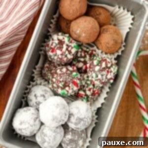 Refreshing Peppermint Truffles 12 A loaf pan filled with three different types of truffles: one with cocoa, one with powdered sugar, and one with crushed candy canes.