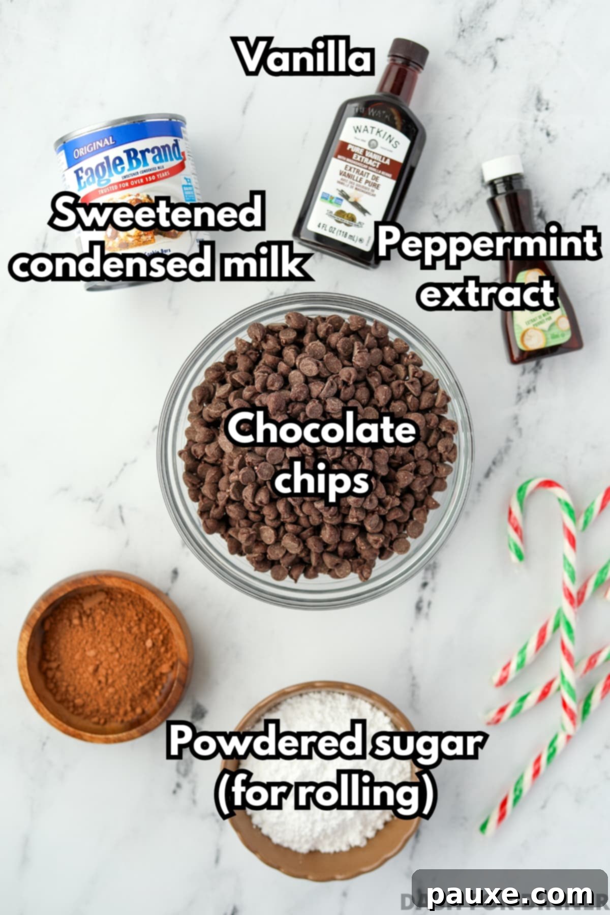 Refreshing Peppermint Truffles 3 The ingredients needed to make peppermint truffles, including chocolate chips, sweetened condensed milk, and peppermint extract.