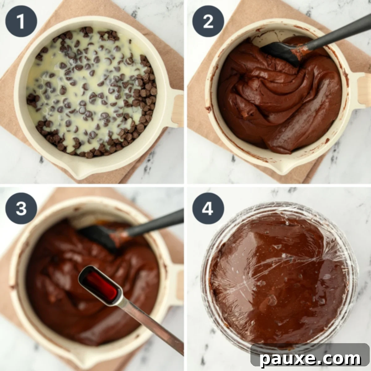 Refreshing Peppermint Truffles 4 Melting chocolate chips with sweetened condensed milk in a saucepan.