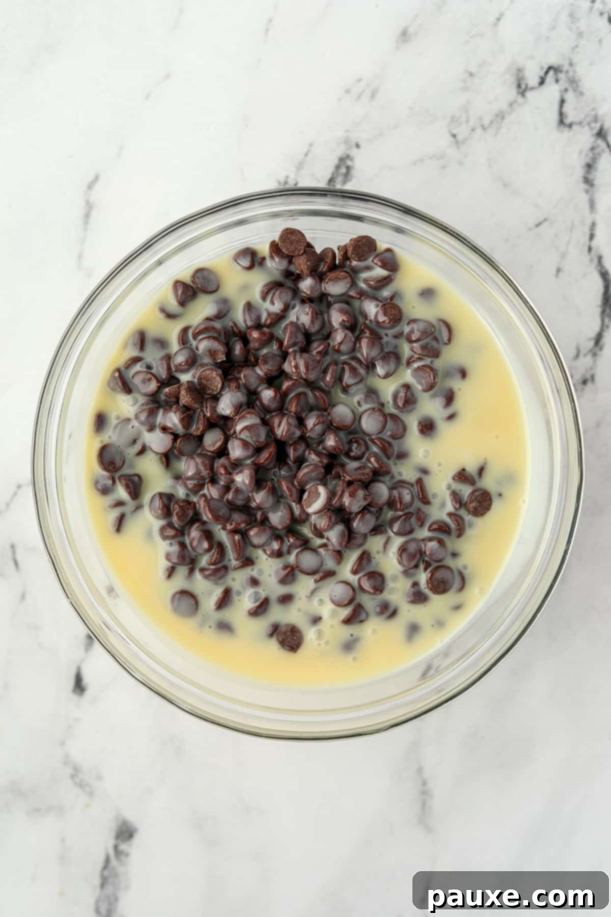 Refreshing Peppermint Truffles 5 Chocolate chips and sweetened condensed milk in a bowl for microwave melting.