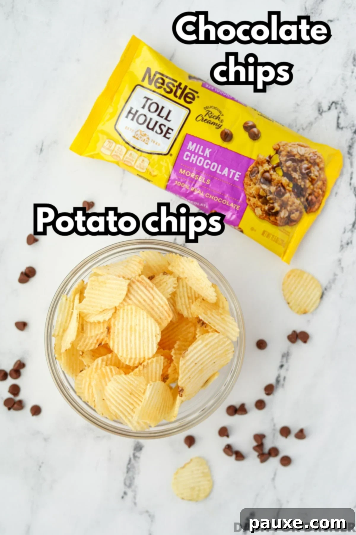 Salty Sweet Chocolate Crunch Bark 3 A bag of milk chocolate chips and a bowl of original wavy potato chips on a white marble surface.