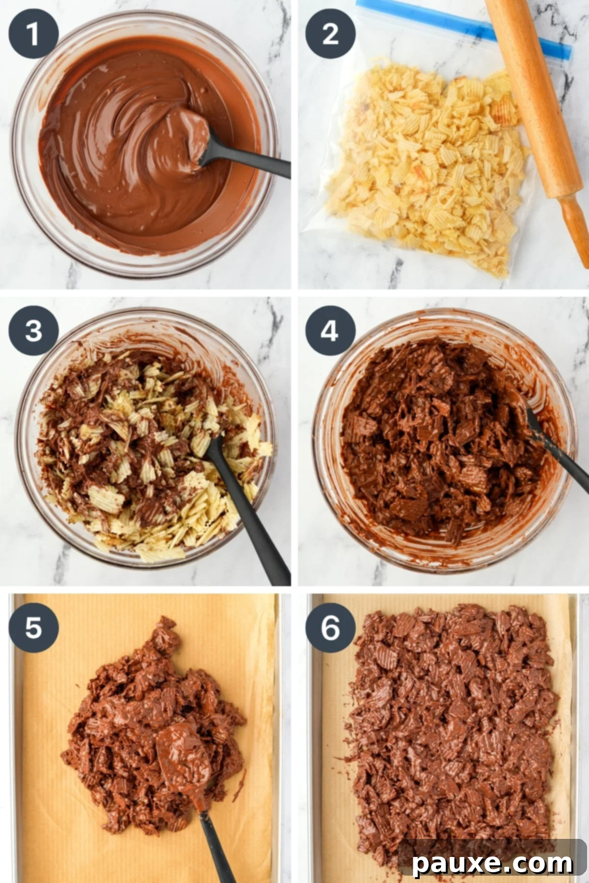 Salty Sweet Chocolate Crunch Bark 4 Process of melting chocolate and adding crushed potato chips, forming a bark mixture on parchment paper.