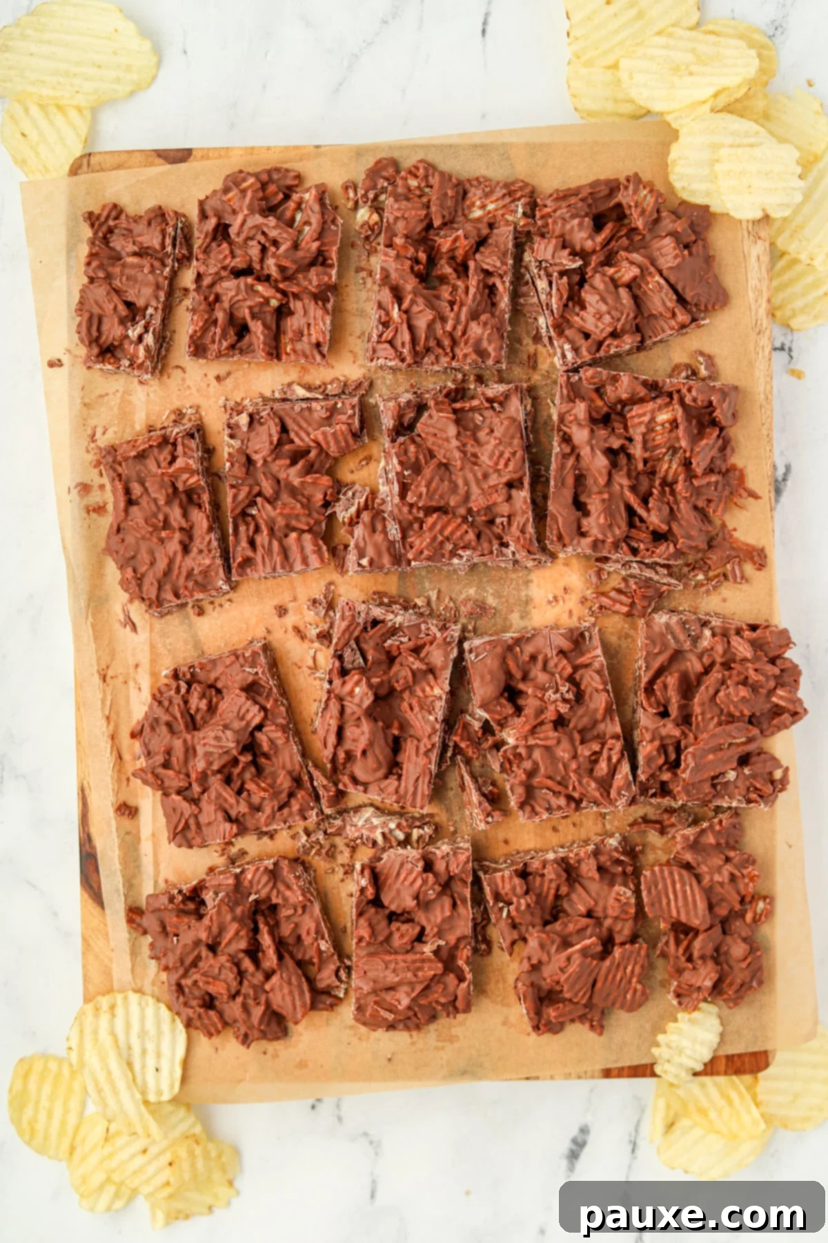 Salty Sweet Chocolate Crunch Bark 5 Chocolate potato chip bark expertly divided into 16 perfect squares, ready to be enjoyed or gifted.