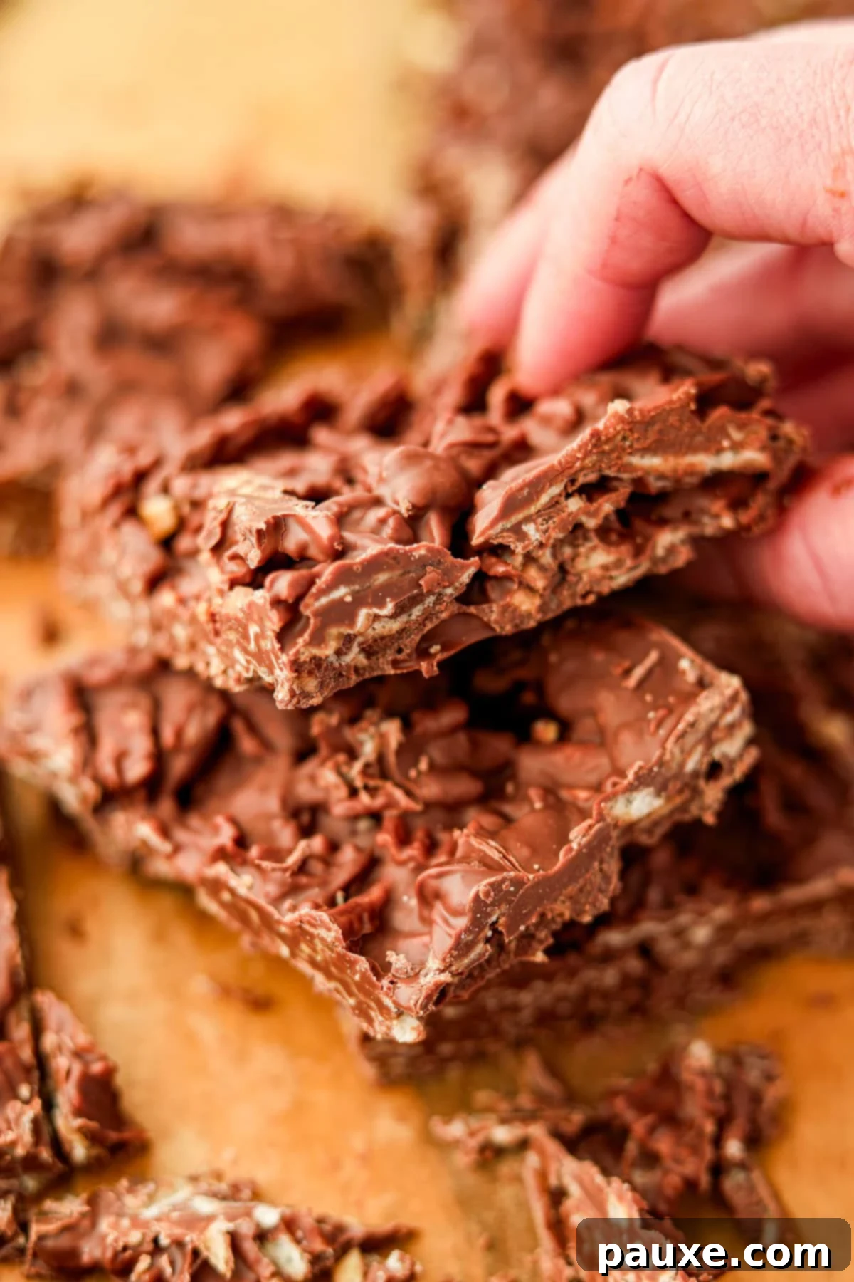 Salty Sweet Chocolate Crunch Bark 6 A hand picking up a piece of chocolate bark, highlighting the wavy potato chips embedded within the chocolate.