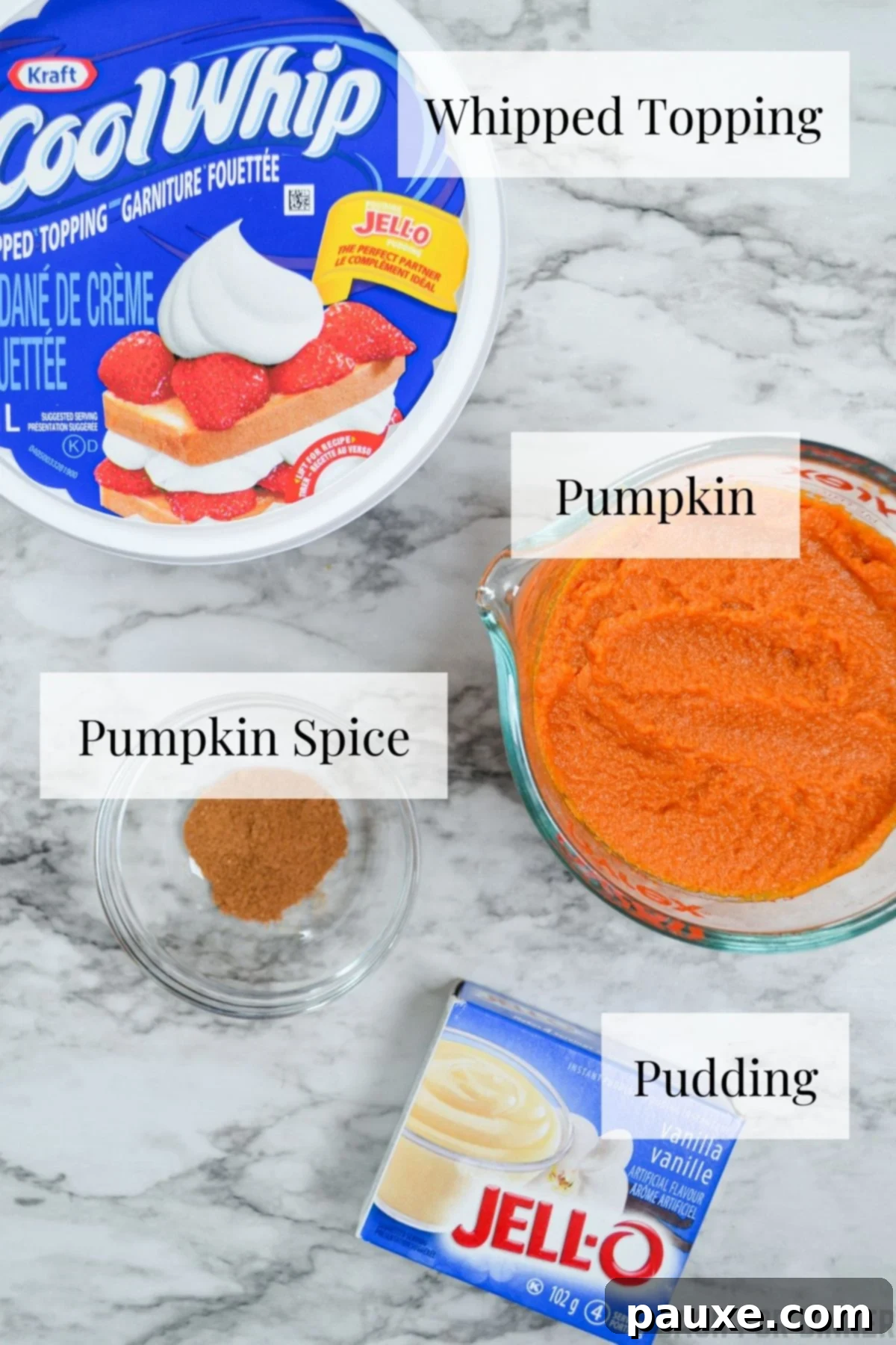 The four ingredients you need to make pumpkin fluff: cool whip, pumpkin, vanilla pudding mix, and pumpkin spice.