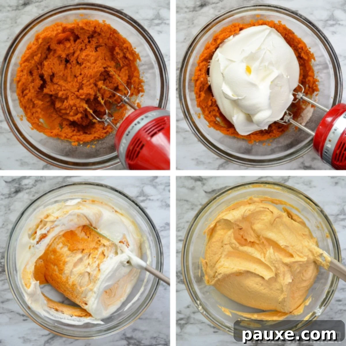 Folding cool whip into a blend of pumpkin, pudding mix, and pumpkin spice to make pumpkin fluff dip.