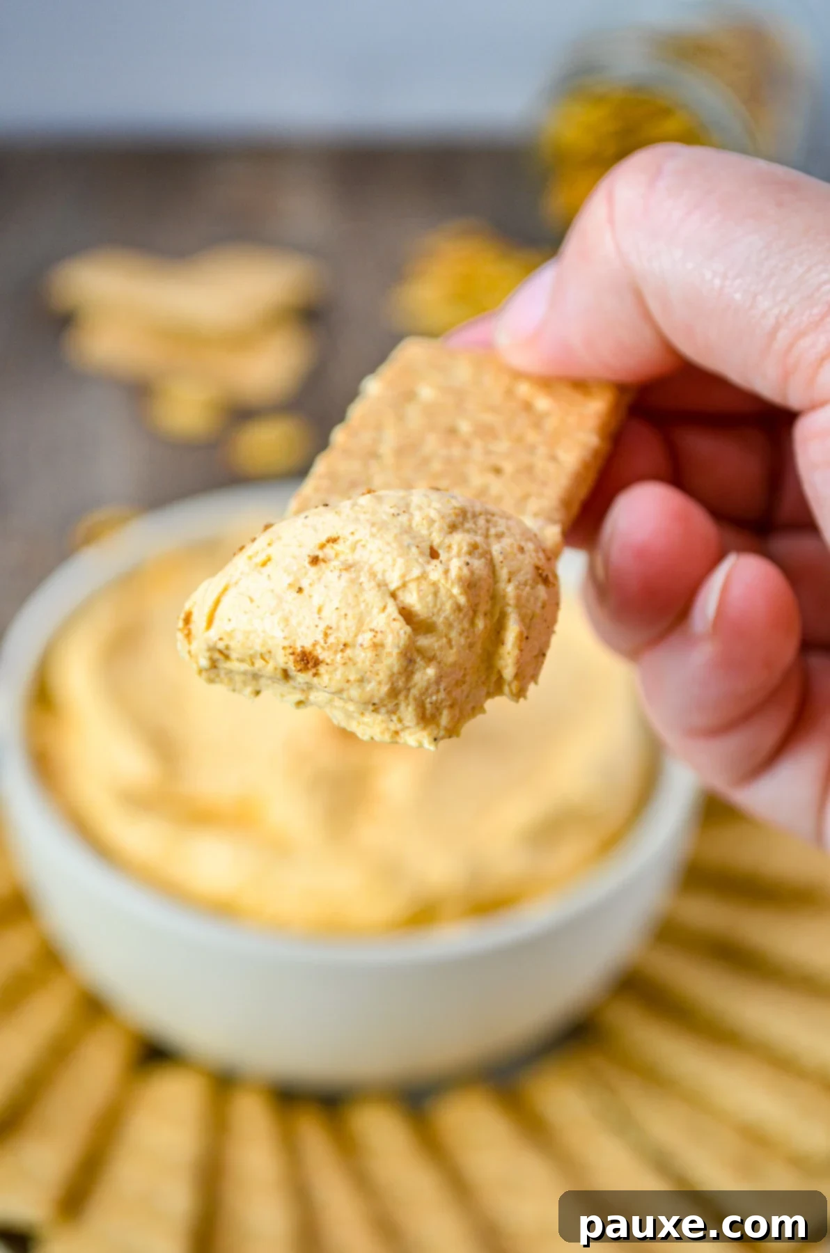 A graham cracker with a bit of pumpkin dip on the end.