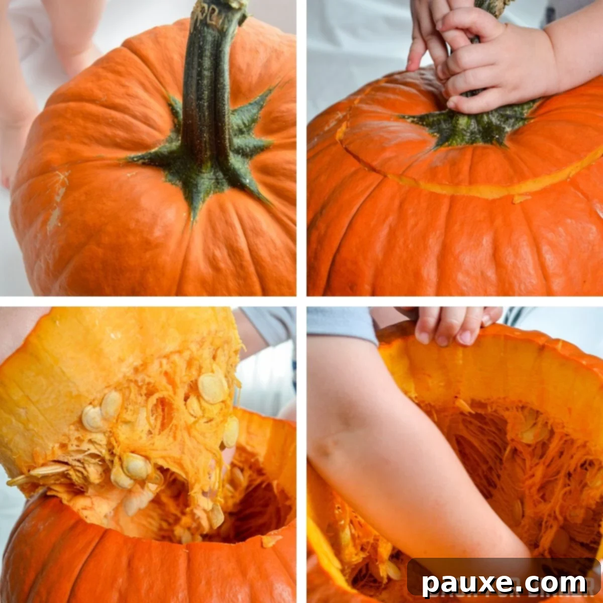 Crispy Air Fryer Pumpkin Seeds 4 A hand reaching into the cavity of a carved pumpkin to scoop out the stringy pulp and seeds, demonstrating the initial step of seed collection.