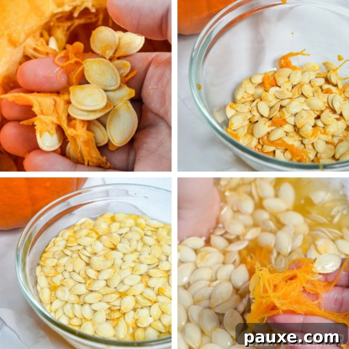 Crispy Air Fryer Pumpkin Seeds 5 A sequence of images demonstrating the pumpkin seed cleaning process, from manual separation of pulp to soaking and rinsing in water.