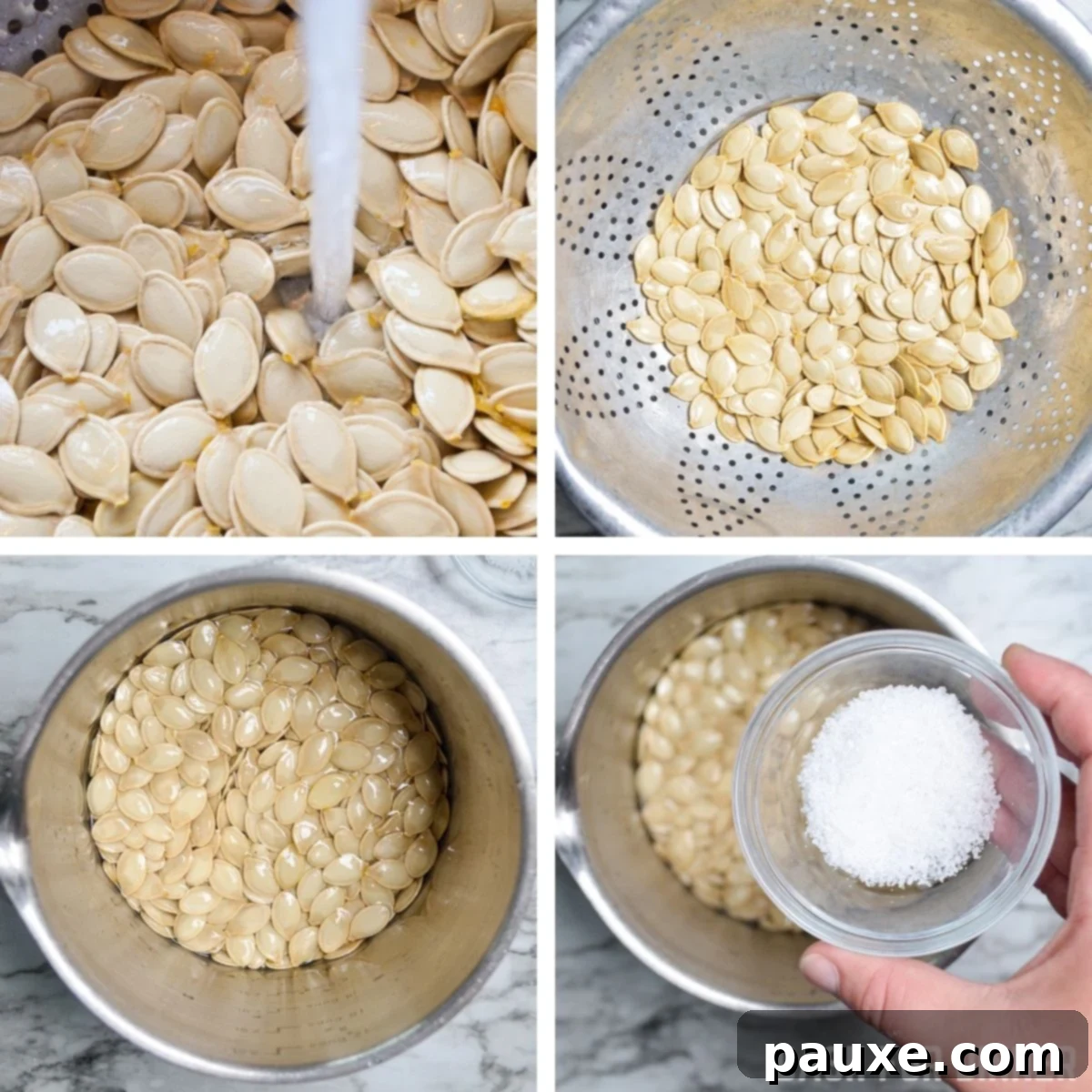 Crispy Air Fryer Pumpkin Seeds 6 A close-up of cleaned pumpkin seeds boiling in a saucepan with salted water, an important step for flavor and texture.