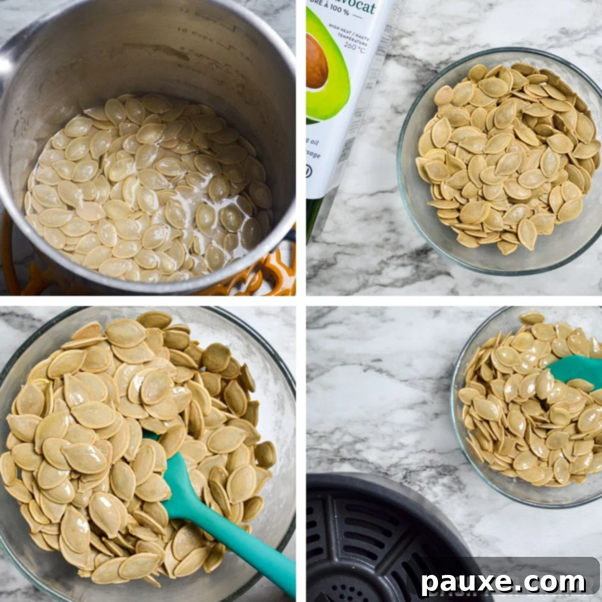 Crispy Air Fryer Pumpkin Seeds 7 Pumpkin seeds, perfectly coated with avocado oil and seasoned with salt, ready to be placed into the air fryer basket.